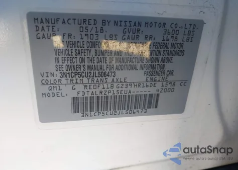 2018 Nissan Kicks S z USA, uszkodzony, nr VIN 3N1CP5CU2JL506473